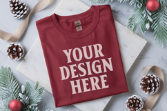 Gildan 5000 Red Folded Christmas Mockup, G5000 mockup Product Image 1