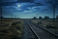Serene nighttime landscape with a moonlit railway extending Product Image 1