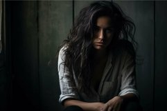 Moody portrait of a woman with a penetrating gaze in a dimly Product Image 1