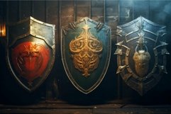 Medieval shield trio on wooden wall Product Image 1