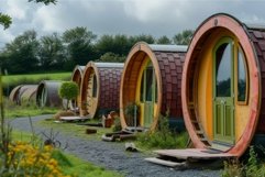 Quaint pod cabins in lush green field Product Image 1