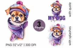 Cute winter baby dog in beret and scarf sublimation PNG Product Image 1