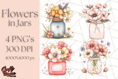 Flowers in Glass Jars PNG, Rustic Floral Watercolor Clipart Product Image 1
