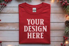 Gildan 64000 Red Folded Christmas Flat Lay T-shirt Product Image 1