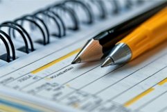 Pencil and pen lying on open business agenda Product Image 1