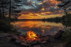 Serene sunset campfire by the lake Product Image 1