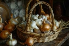 Rustic basket of fresh garlic and onions Product Image 1