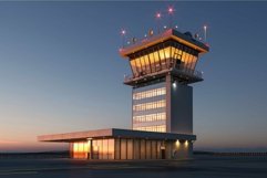 Modern airport control tower is illuminated at sunset Product Image 1