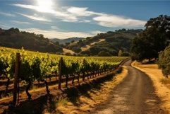 Golden sunlight bathes a serene vineyard, highlighting rows Product Image 1