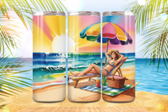 Cute girl enjoys picnic on the beach Tumbler Wrap PNG Sublimation Product Image 1