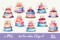 10 Birthday Cakes Watercolor Clipart PNG Product Image 1