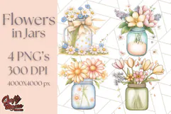 Flowers in Glass Jars PNG, Rustic Floral Watercolor Clipart Product Image 1