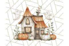 Watercolor Halloween Cottage Clipart, Ghosts &amp; Pumpkins Png Product Image 2