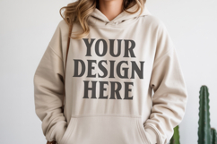 Sand Gildan 18500 Hoodie Sweatshirt Mockup, Unisex Hoodie Product Image 1