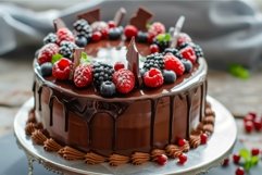 Decadent berry chocolate cake on elegant stand Product Image 1