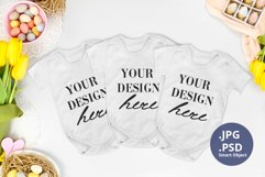 Easter 3 white Baby bodysuits Mockup, Spring Triplets mockup Product Image 1