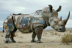 Metal rhino sculpture standing in a desert landscape Product Image 1