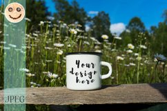 White campfire enamel mug mockup with daisy field Product Image 1