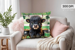 Cute Highland Calf with Gold Pillow PNG Sublimation Design Product Image 1