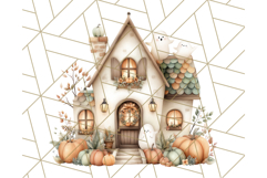 Watercolor Halloween Cottage Clipart, Ghosts &amp; Pumpkins Png Product Image 3