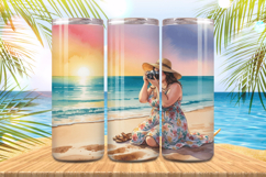Cute girl takes photo on the beach Tumbler Wrap PNG Sublimation Product Image 1