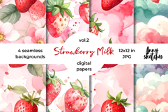 Strawberry Milk Digital Paper Watercolor Seamless Patterns Product Image 1