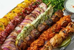 Assorted grilled kebabs on plate Product Image 1