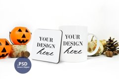 Halloween Mug & Coaster Mockup, Rounded coaster mock up PSD Product Image 1