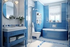 Modern blue bathroom interior with bright lighting Product Image 1