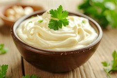 Bowl of mayonnaise with parsley on rustic wooden table Product Image 1