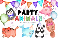 Cute Party Animals Watercolor Clip Art Set Baby Sublimation Product Image 2