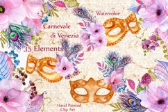 Watercolor masks and flowers clipart Product Image 1