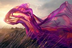 Purple fabric flowing over a field in the wind at sunset Product Image 1