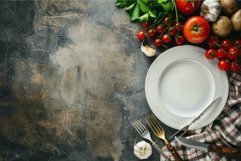 Fresh ingredients and empty plate on rustic table Product Image 1