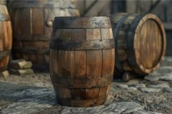 Vintage wooden barrels on cobblestone street Product Image 1
