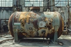 Old rusty industrial boiler tank sitting in abandoned factor Product Image 1