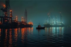 Industrial harbor at night with lit ships and cranes Product Image 1