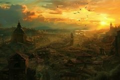 Birds flying over ancient city during golden hour sunset Product Image 1