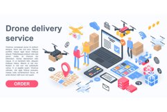 City drone delivery service concept banner, isometric style Product Image 1