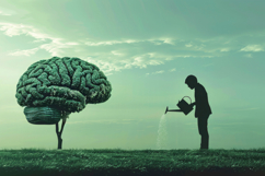 Man Watering a Brain Tree Background Wallpaper Product Image 1