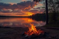 Serene lakeside sunset with campfire Product Image 1