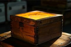 Mysterious glowing wooden box in dim room Product Image 1