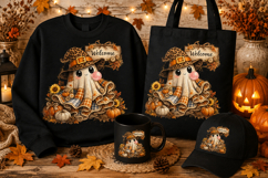 Cute Patchwork Ghost with Leopard Witch Hat Welcome Sign PNG Product Image 1