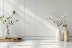 Sunlight casting shadows from vases on white table Product Image 1