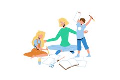Babysitter Make Exercises With Children Vector Illustration Product Image 1