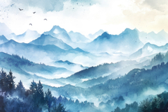 Watercolor Mountains and Foggy Forest Background Wallpaper Product Image 1
