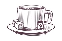 Sketch tea cup. Hand drawn mug on plate with two sugar cubes Product Image 1