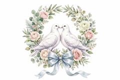 dove pair with floral wreath and ribbon bow, wedding clipart Product Image 1