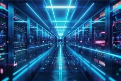 Futuristic server room with blue neon lights Product Image 1