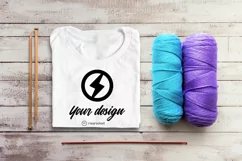 tee with yarn, knitting needles, and crochet hook craft mockup